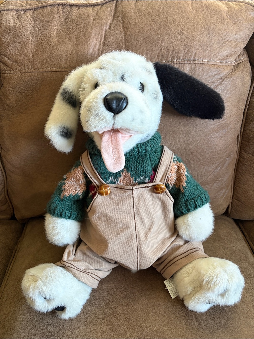 Plush Dalmatian Puppy Toy in Cream, Black, Pink & Green Sweater